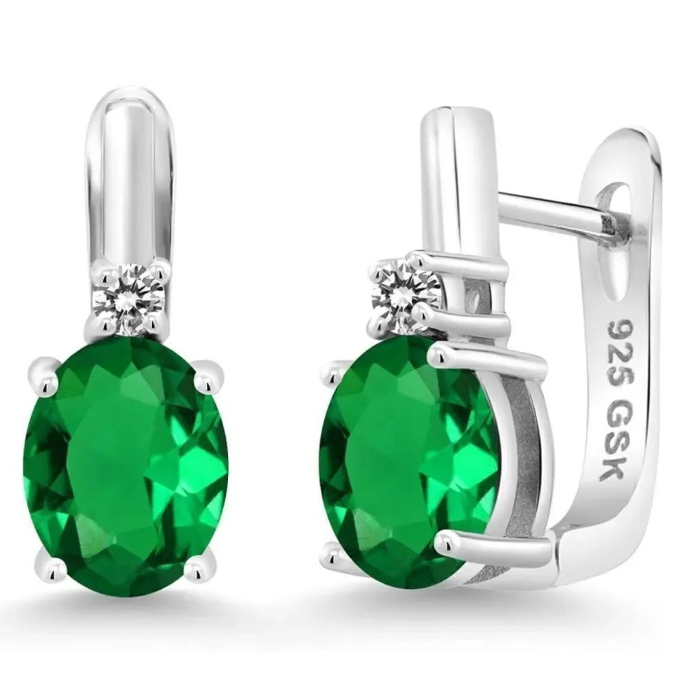 925 Sterling Silver with 4.73 Cttw Emerald and White Diamond Oval Drop Earrings